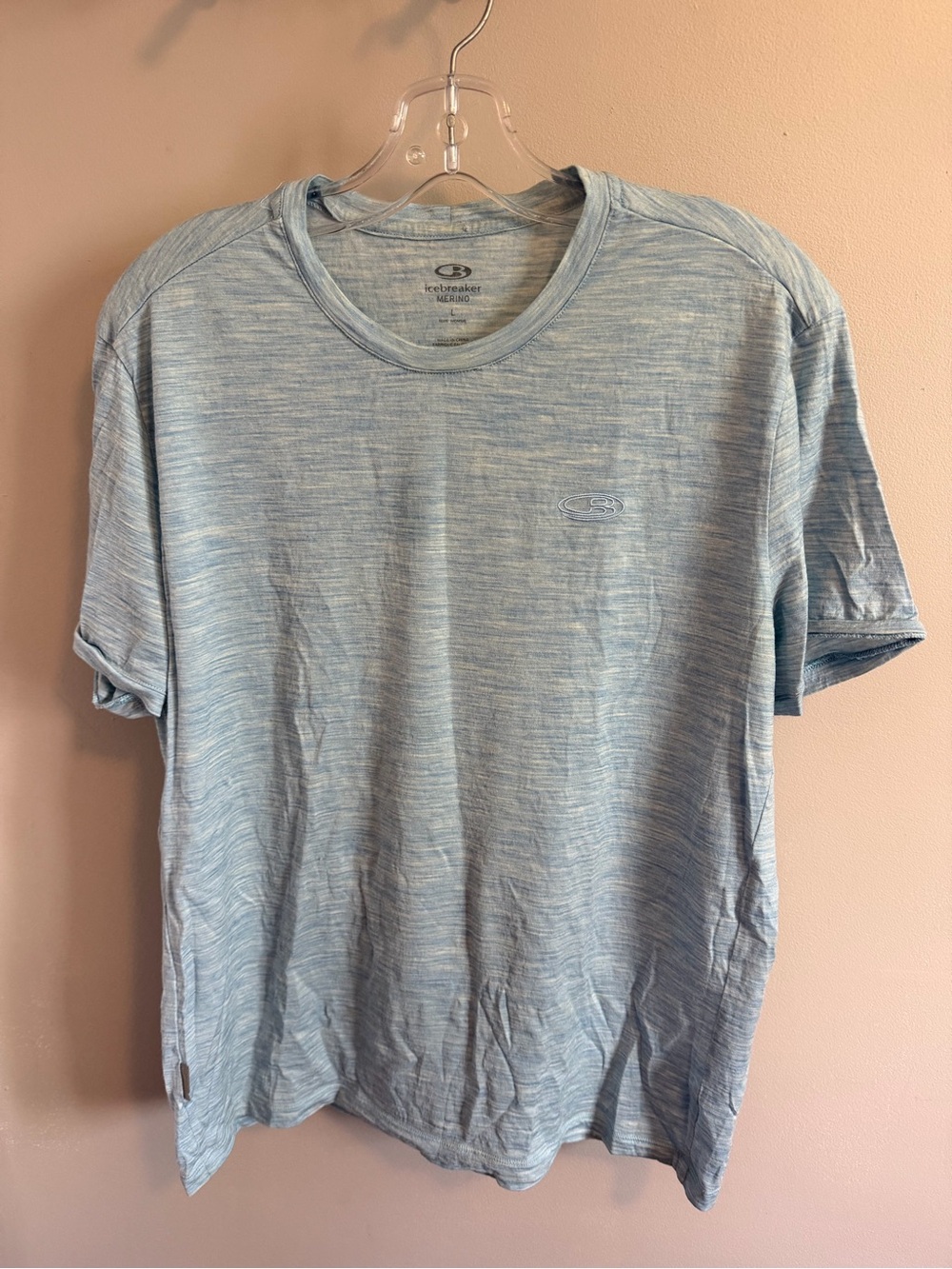 Icebreaker Blue Heather Merino Blend Sphere Crew Neck Tee Shirt L flaw read